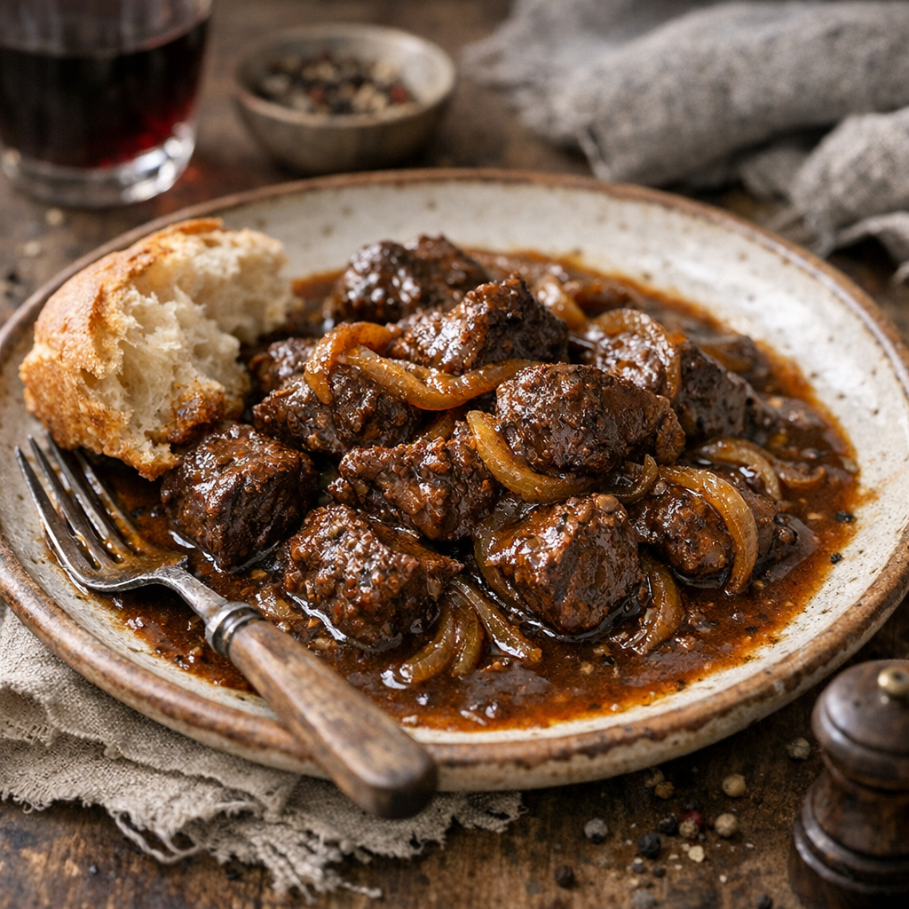 Geschmortes Rindergulasch mit Zwiebeln
