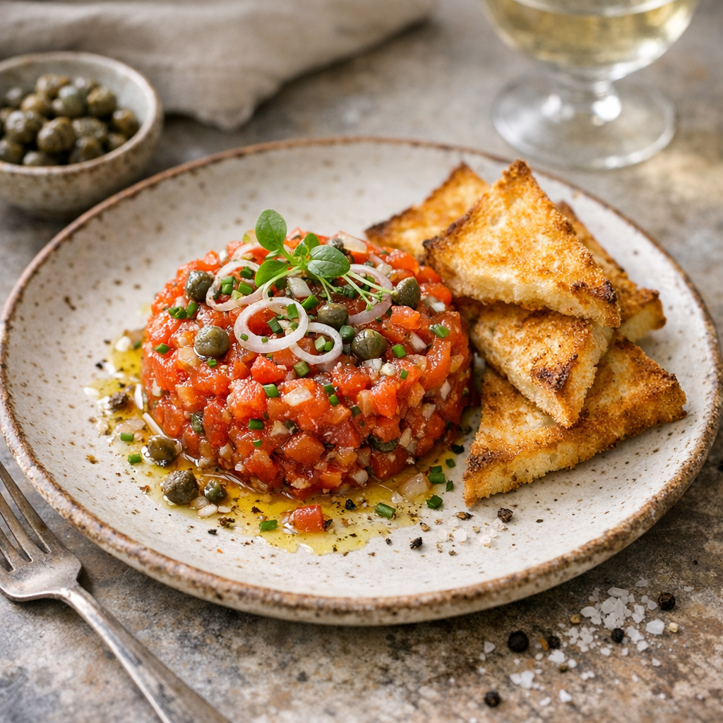 Tomaten-Tatar mit Kapern, Schalotten und knusprigem Toast