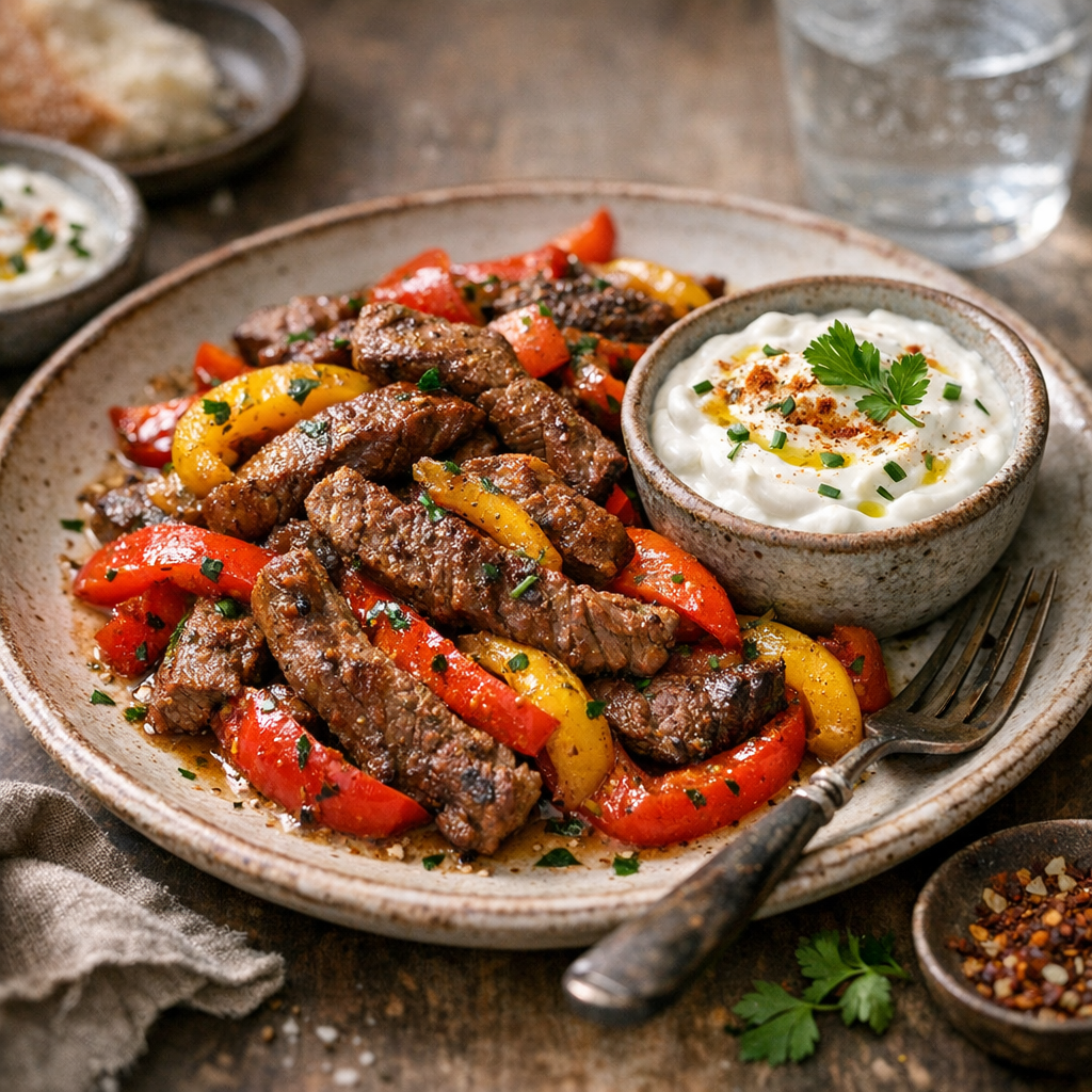 Saftige Rindfleisch-Pfanne mit Paprika und Joghurt-Dip