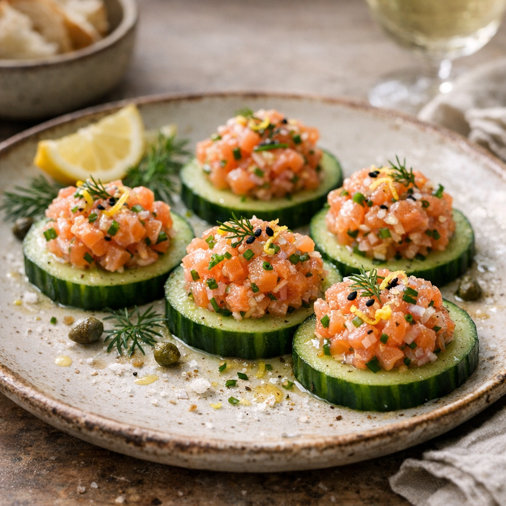 Zitroniger Lachstatar auf Gurkenscheiben