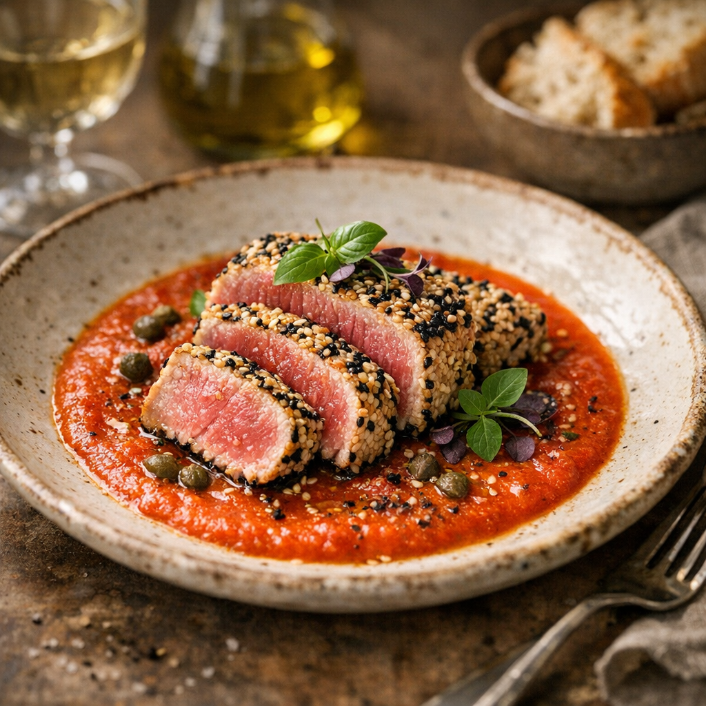 Tonno in crosta di sesamo su vellutata tiepida di pomodoro