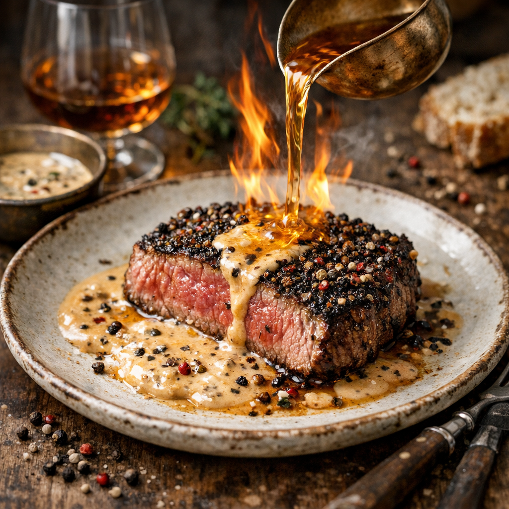 Rindsentrecôte mit Pfefferkruste und Cognac-Rahm