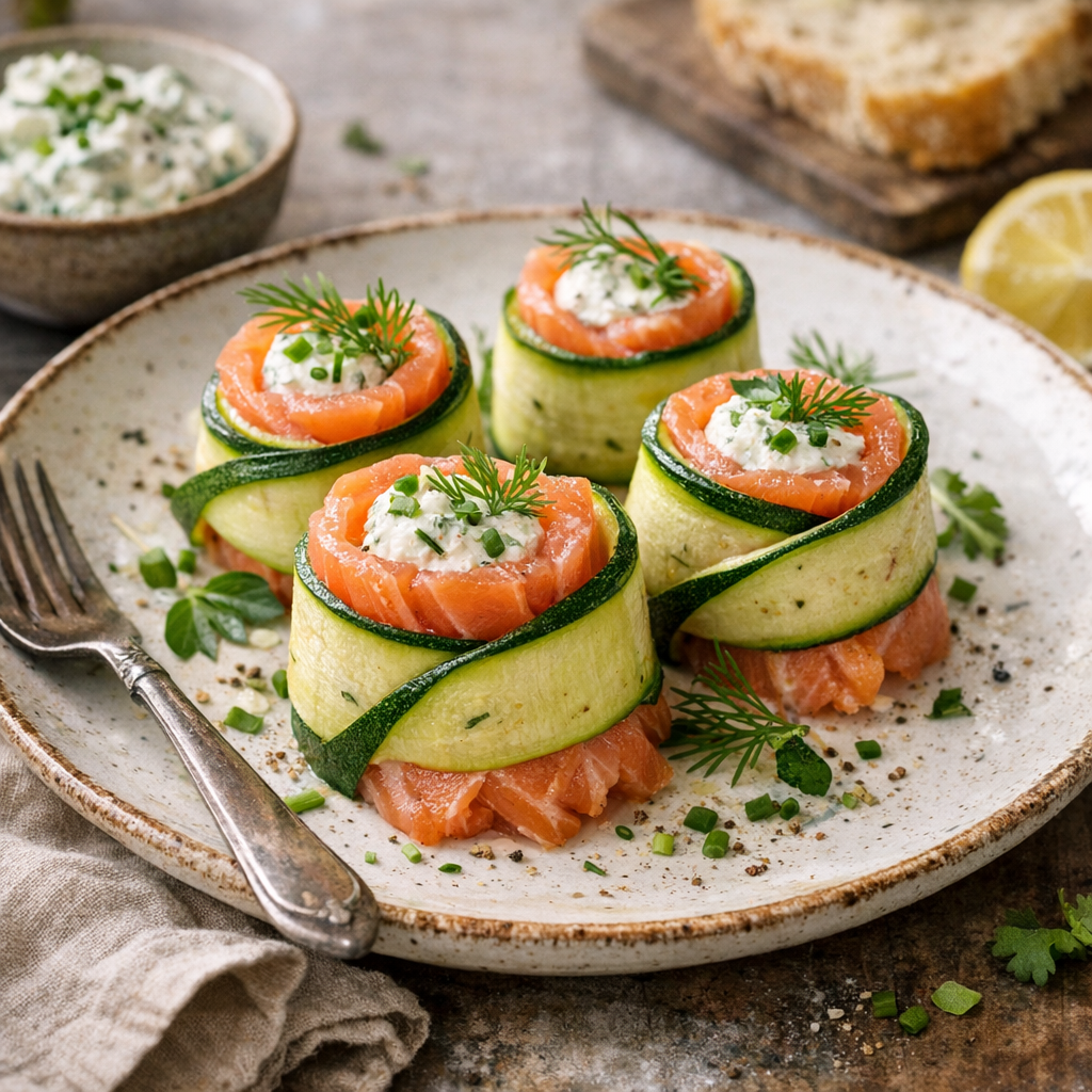 Lachsröllchen mit Kräuterquark und Zucchiniband