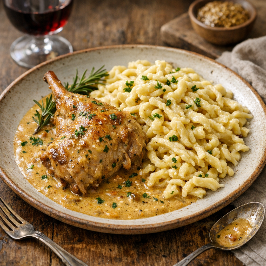 Geschmorter Hase in Senf-Rahm mit seidigen Eier-Spätzle