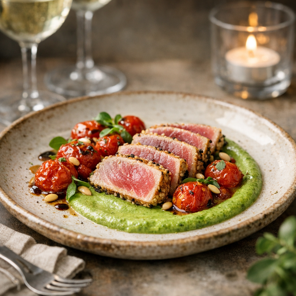 Tataki di tonno con pomodoro confit e crema al basilico