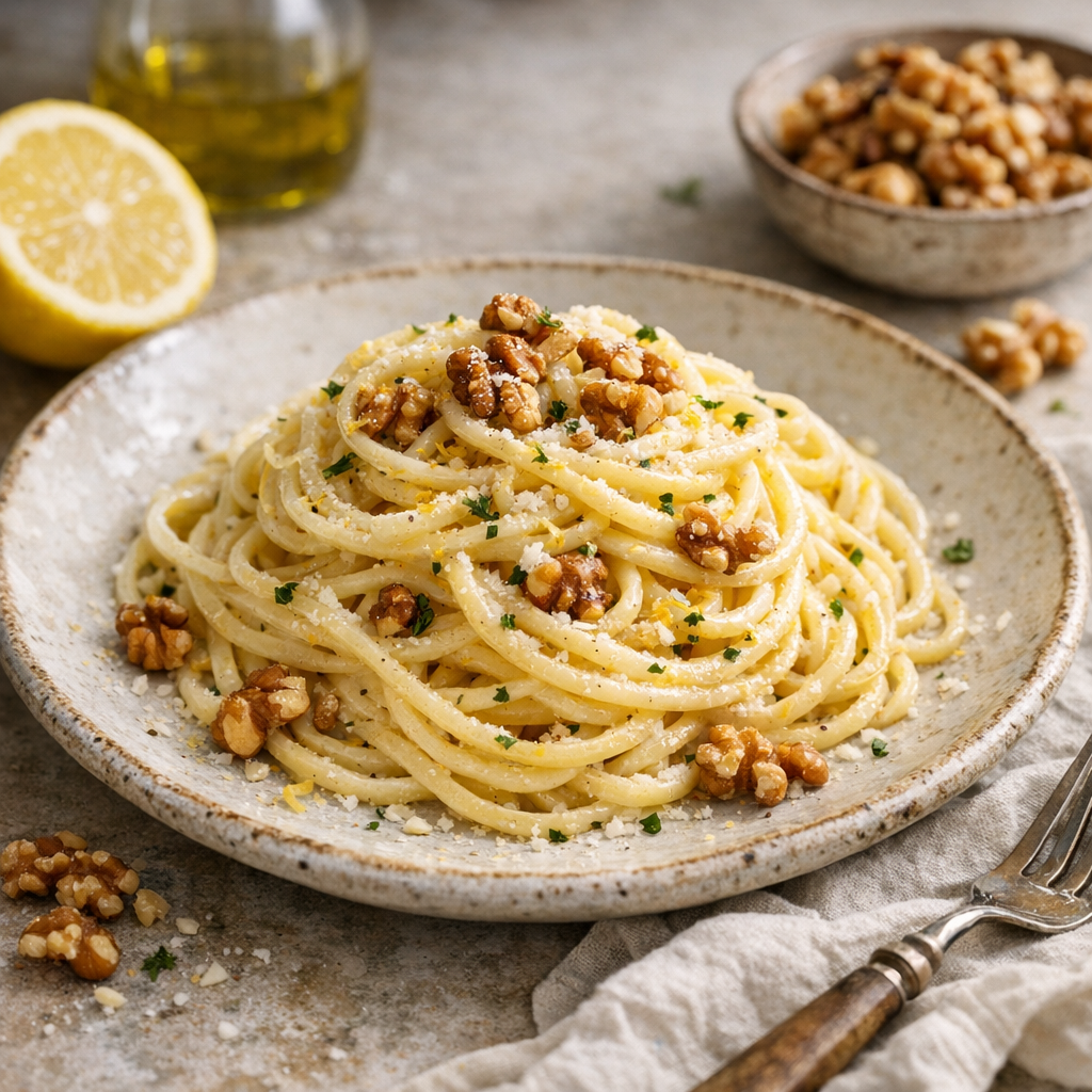 Spaghetti al Limone mit gerösteten Walnüssen