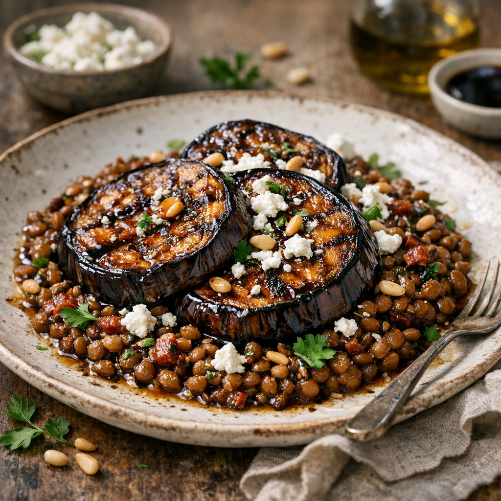 Auberginen-Steaks mit Honig-Balsamico-Linsen und Feta