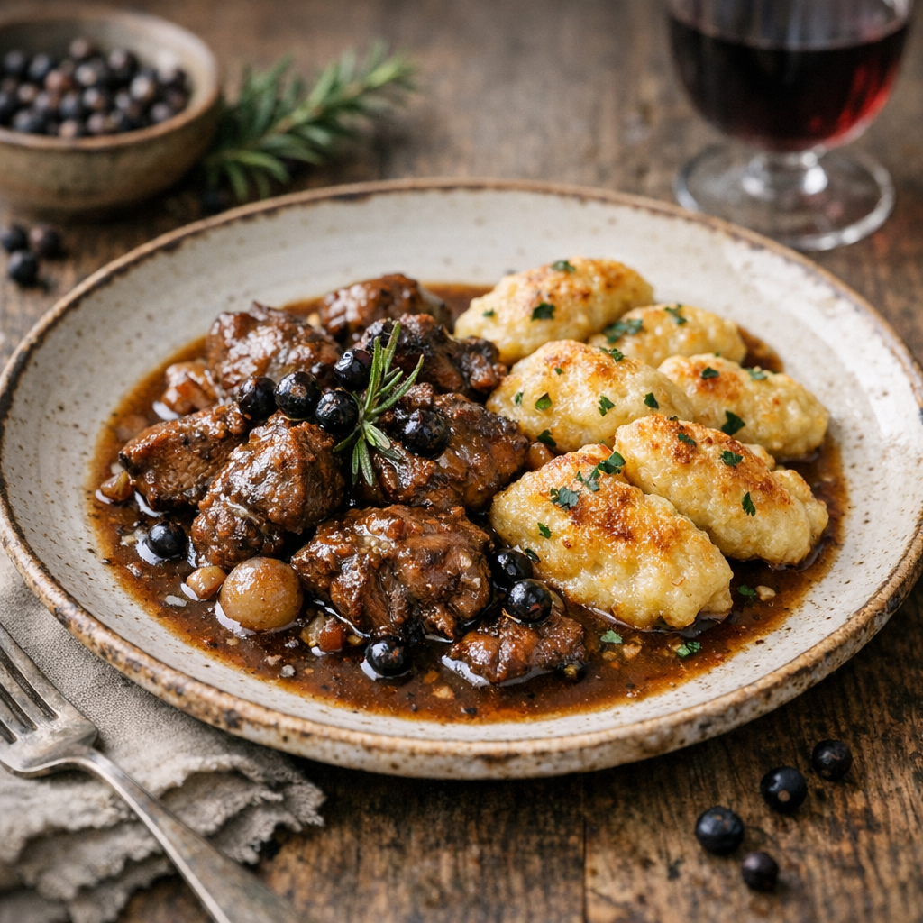 Hasenragout mit Wacholderjus und gebackenen Eier-Nocken