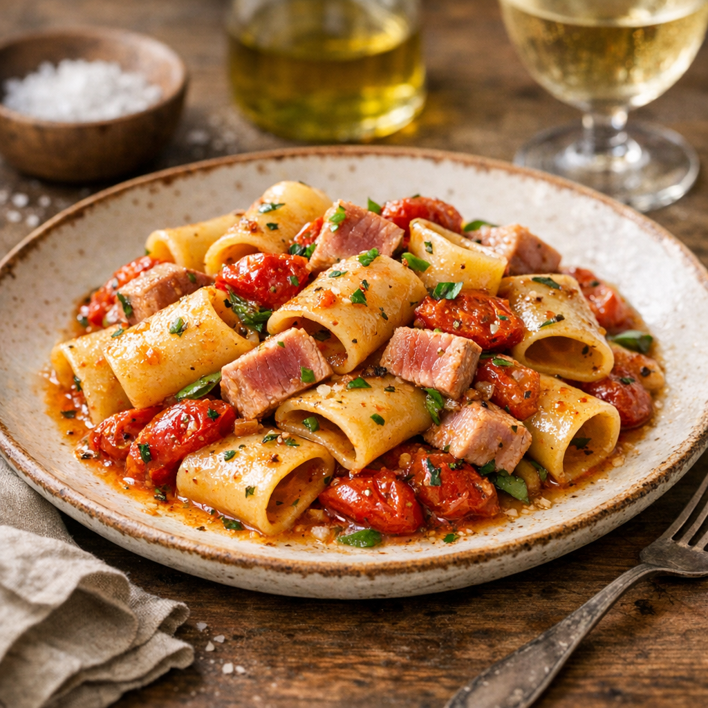 Paccheri al tonno fresco e pomodoro arrostito